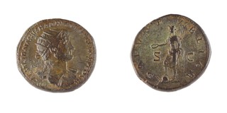 Roman Empire, Hadrian, Rome 117-138 AD, brass Dupondius, 27mm, Obv: Radiate bust right with drapery on far shoulder / Rev: Salus-Fortuna standing left with right foot on globe, holding patera and rudder. S.3668, aVF. 