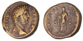 Roman Empire, Lucius Aelius, 136-138 AD, brass Sestertius, 33mm, Obv: Bare head of Aelius / Rev: Spes, standing left, holding a flower. S.3986, F. 	