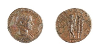 Roman Empire, Diadumenian, 217-218 AD, copper As, 24mm, Obv: Bare headed bust of Diadumenian, right / Rev: Diadumenian standing to left in military attire, two legionary standards to right. S.7798, F. 