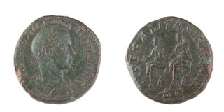 Roman Empire, Philip II, c. 247-249 AD, brass Sestertius, 29mm, Obv: Laureate, draped and cuirassed bust, right / Rev: Togate Philip I and II, seated left on sella curulis, each extending right hand and holding sceptre in left. S.9265, F. 