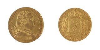 Waterloo gold 20 Francs, 1815, 21mm, 6.5g, London mint for Louis XVIII, France. Mint mark fleur de lis. Obv: Bare-headed bust of Louis, right / Rev: crowned Ecu of France, within laurel wreath. KM# X1. In wooden presentation case. 	