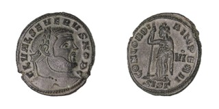 Roman Empire, Severus II, 306-307 AD, bronze Follis, 28mm, Obv: Laureate bust of Severus II, right / Rev: Concordia standing left, holding sceptre. S.14713, VF. 	