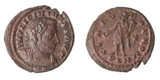 Roman Empire, Licinius I, London mint, 308-324 AD, bronze Follis, 25mm, Obv: Laureate and cuirassed bust of Licinius, right / Rev: Genus standing left, holding patera and cornucopiae. S.15181, F. 	