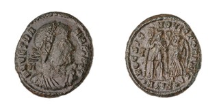 Roman Empire, Vetranio, 350 AD, billon/bronze Maiorina, 18mm, Obv: Laureate bust, right / Rev: Emperor standing left, holding chi-rho standard, to right is Victory, crowning him with wreath. 	