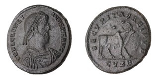 Roman Empire, Julian II, 361-363 AD, billon/bronze Double Maiorina, 28mm, Obv: Diademed, cuirassed bust right / Rev: Bull, head facing, standing right, two stars above. S.19144, VF. 