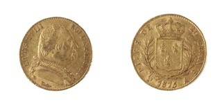 Waterloo gold 20 Francs, 1815, 21mm, 6.5g, London mint for Louis XVIII, France. Mint mark cockerel. Obv: Bare-headed bust of Louis, right / Rev: crowned Ecu of France, within laurel wreath. KM# X1. In wooden presentation case.