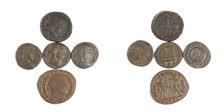 Roman Empire, five bronze coins: Maxentius, Licinius I, Crispus, Constantine I, Constantius II.