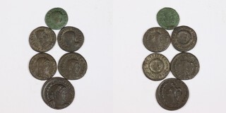 Roman Empire, six bronze coins, including Constantine I, Crispus, Helena and Delmatius. 