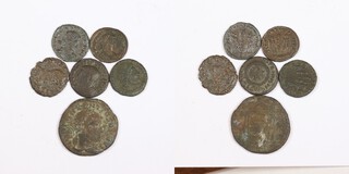 Roman Empire, six bronze coins, including Crispus, Constantius II, Constantine II and Delmatius. 