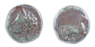 Barcids in Spain, 3rd century BC, 15mm, bronze Didrachm, Obv: Head of Tanit, left / Rev: Horse galloping, right. S.6555, F. 