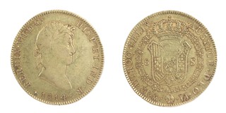 Mexico, Ferdinand VII, 1814 gold 8 Escudos, 37mm, 27.1g. Obv: Laureate head of Ferdinand right / Rev: Crowned arms in order chain. KM# 161