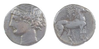 Zeugitana, Carthage, 270-260 BCE, 25mm, bronze coinage, Obv, female head, left / Rev, Horse facing right, palm tree behind. S.6432, aVF. 	