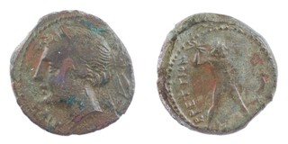 Bruttium, Brettian League (Issued under control of Hannibal), 215-205 BC, 18mm, bronze coinage, Obv: Diademed head of Nike, left, ear of corn behind / Rev: Zeus standing to right, throwing a thunderbolt. 