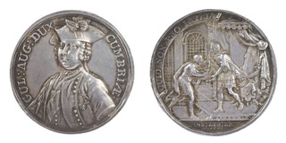 United Kingdom, 1745 silver Medal, The Duke of Cumberland repels the Jacobite rebels in 1745. 41mm, 24.1g. Obv: Three-quarter bust of William, Duke of Cumberland, left / Rev: King George II stands, receives from the Duke mural crowns and a palm branch. Des. I. Kirk.