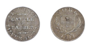 United Kingdom, George III, York, 1811 silver Sixpence Token, 18mm, g. Obv: Arms of the city of York between laurel and palm branches / Rev: Central inscription across three lines. 