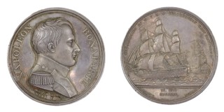 United Kingdom, George III, 1820 silver Medal for Napoleon Bonaparte's surrender to H.M.S. Bellerophon 1815 (des, Brenet for Mudie). 41mm, 36.0g. Obv: Uniformed bust of Napoleon, right / Rev: Ship of war sails set, another at rear, sails furled. 