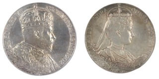 United Kingdom, Edward VII, 1902 silver Coronation Medal, 55mm, 86g. Obv: Crowned bust of Edward VII / Rev: Crowned bust of Queen Alexandra. In presentation case. 	