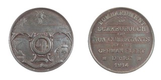 United Kingdom, 1914 bronze Medal for the bombardment of Scarborough, 32mm. Obv: Arms of Scarborough, ribbon below, distant view of the sea and three ships bombarding the town, shells bursting overhead, town and beach in bottom, left and right / Rev: Inscription. 