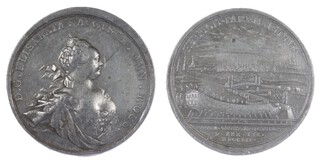 Russia, Elizabeth, 1752 bronze Medal for the inauguration of Cronstadt Harbour. 63mm. Obv: Bust of the Czarina Elizabeth right / Rev: View of the harbour and shipyard. 