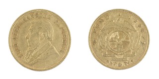 South African Republic, 1896, gold Half Pond, 19mm, 4.0g. Obv: Bearded bust of President Kruger left / Rev: Arms of the South African Republic below denomination and date. KM# 9.2 