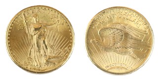 United States, 1924 gold 20 Dollars (St. Gaudens), 34mm, 33.5g. Obv: Walking Lady Liberty holding torch and olive branch / Rev: Eagle in flight. KM# 131