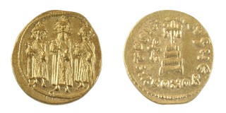 Byzantine Empire, Heraclius (610-641) gold Solidus, 20 mm, 4.4g. Obv: Heraclius standing, facing, with his sons Heraclonas and Heraclius Constantine each crowned and holding a globus cross / Rev: Cross potent on three steps. S.758, VF.