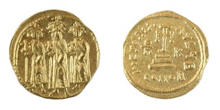 Byzantine Empire, Heraclius (610-641) gold Solidus, 20mm, 4.4g. Obv: Heraclius standing, facing, with his sons Heraclonas and Heraclius Constantine each crowned, wearing chlamys and holding a globus cross / Rev: Cross potent on three steps. S.763, VF. 