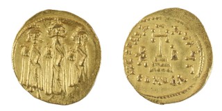 Byzantine Empire, Heraclius (638-639) gold Solidus, 21mm, 4.4g. Obv: Heraclius standing facing with his sons Heraclonas and Heraclius Constantine each crowned, wearing chlamys, and holding a globus cross / Rev: Cross potent on three steps. S.758, VF. 