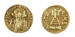 Byzantine Empire, Constans II (641-668) gold Solidus, 20mm, 4.5g. Obv: Facing crowned bust of Constans with long beard, with a globus cross / Rev: Cross potent on three steps. S.956, VF. 