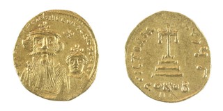 Byzantine Empire, Constans II (654-658) gold Solidus, 19mm, 4.3g, Obv: Facing busts of Constans II and Constantine IV / Rev: Cross potent on three steps. S.959, VF. 	