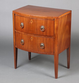 A 19th Century Continental mahogany bow front chest of two drawers with ring drop handles and inlaid escutcheons, raised on square tapered supports 75cm h x 60cm w x 43cm d 