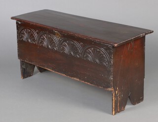 A 17th/18th Century oak 6 panel coffer with hinged lid and arcaded carved panel to the front 54cm h x 113cm w x 42cm d 