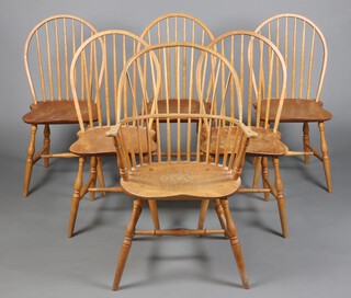 A set of 6 18th Century style Windsor elm hoop back dining chairs raised on turned supports with H framed stretcher comprising 1 carver 97cm h x 62cm w x 42cm d (seat 27cm x 22cm)  and 5 standard chairs 93cm h x 44cm w x 40cm d (26cm x 27cm)  