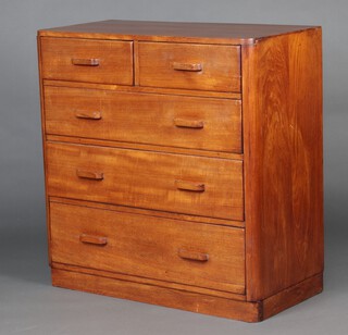 A 1930's bow front hardwood chest of 2 short and 3 long drawers, raised on a platform base 92cm h x 91cm w x 44cm d 