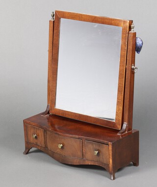 A 19th Century rectangular plate dressing table mirror contained in a mahogany swing frame, the base of serpentine outline fitted 3 drawers, raised on bracket feet 58cm h x 46cm w x 20cm d 