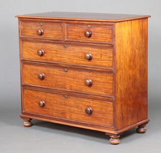 A 19th Century rectangular mahogany chest of 2 short and 3 long drawers, raised on bun feet 100cm h x 107cm w x 54cm d 