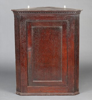 An 18th Century oak hanging corner cabinet with moulded and dentil cornice, fitted shelves enclosed by panelled door 102cm h x 83cm w x 59cm d 