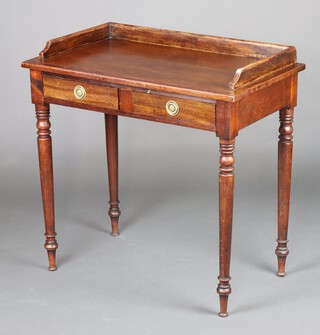 A Victorian mahogany 2 drawer side table with 3/4 gallery, raised on turned supports 82cm h x 82cm w x 46cm d 