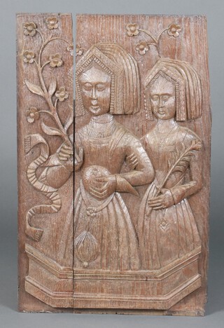 A 17th Century carved oak panel depicting a standing lady with attendant holding a lily 68cm h x 43cm w 