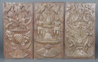 Three 17th Century rectangular carved oak panels - decorated mythical birds, monkeys and fountain (split to top left hand corner), 2 Roman figures by a fountain surmounted by eagles (split to panel and signs of old but treated worm) and a floral patterned panel 69cm x 37cm 