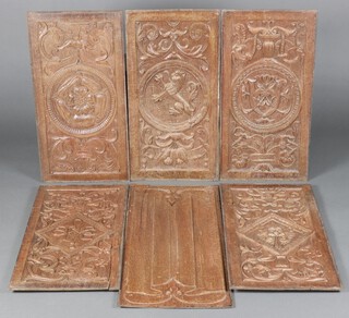 Five 17th Century rectangular carved hardwood panels depicting rampant lion with cross of Lorraine, Tudor Rose, monogrammed TE within a diamond, Green Man within a diamond and monogrammed U within a circle 69cm h x 35cm w, together with 1 other linenfold panel 76cm x 35cm 