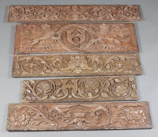 Five 17th Century rectangular carved oak panels depicting Tudor Rose and monogrammed H 70cm h x 17cm w, birds and floral decoration 83cm x 17cm, winged cherub above an urn 97cm x 17cm, The Green Man 82cm x 17cm and 2 rampant lions with monogrammed H 26cm x 84cm  