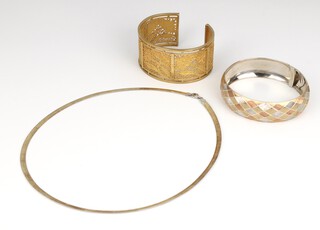 A 925 gilt filigree bangle, a ditto 3 colour gold plated 925 bangle and a 925 necklace 46cm, 56 grams 