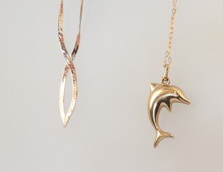 A 9ct yellow gold dolphin pendant on a ditto chain 38cm and 9ct gold necklace 44cm, 4 grams 