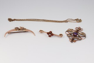 An Edwardian 9ct yellow gold amethyst and seed pearl pendant, 2 9ct yellow gold mounted bar brooches and a 44cm chain, gross weight 6.4 grams 