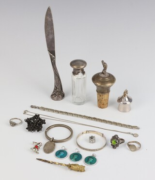 A Victorian silver mounted scent bottle London 1863 8cm, a tooth fairy box, bottle stopper, silver jewellery and other minor items  