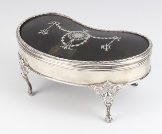 A silver and tortoiseshell plique-a-jour kidney shaped trinket box raised on scroll feet London 1917, 17.5cm 