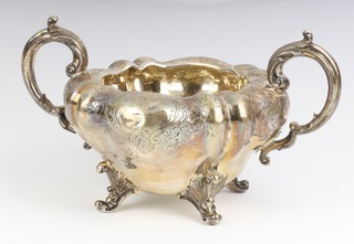 A Victorian repousse and engraved 2 handled sugar bowl on scroll feet, engraved armorial, London 1849, 22cm, 418 grams