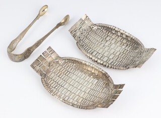 A pair of Portuguese silver lattice dishes 14cm and a pair of Georgian silver sugar tongs, 268 grams 