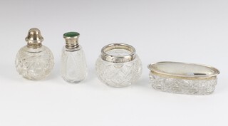 An Edwardian style silver mounted guilloche enamel scent bottle (rubbed marks) 6cm and 3 other silver mounted items 